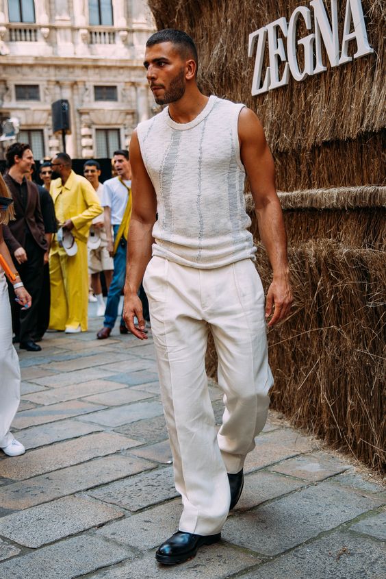 5 inch hemlines, knit tanks, soccer jerseys, and more were some of the biggest menswear trends from the spring 2024 season. Tap to see more.