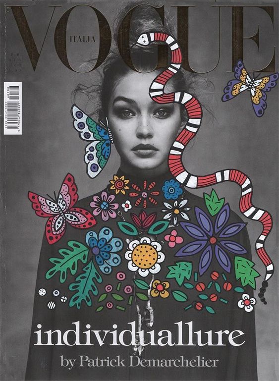 I chose to pin this example as I like the contrast of the professional black and white photography/magazine cover to the more simplistic and somewhat childish looking doodles.