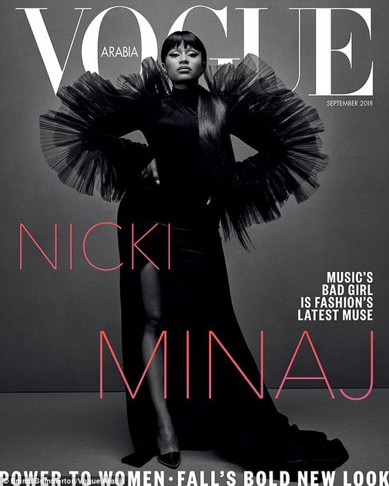 Nicki Minaj stuns in dramatic bold black gown on cover of Vogue Arabia