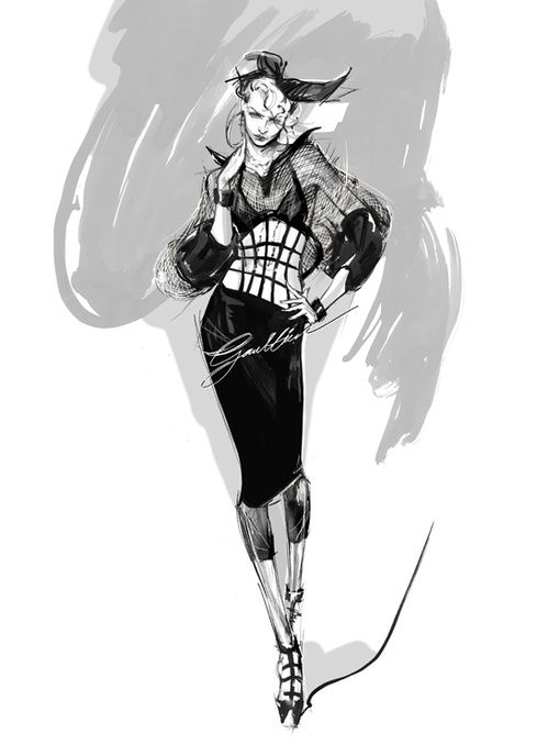 Croquis de Jean Paul Gaultier pour les costumes de scène de Madonna en 2012