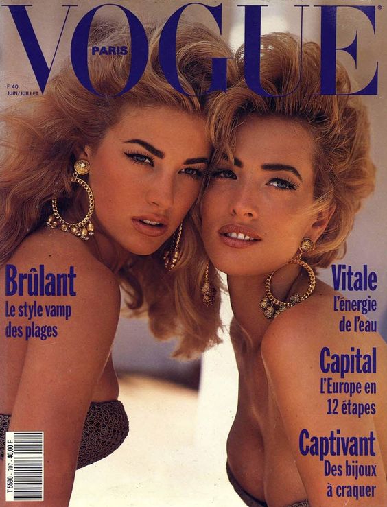 June/July 1990 — “Vogue/Paris” |  Elaine Irwin (L) from Ford w/ Tatjana Patitz from Viva, shot by Bruce Weber 💠 Tatjana (b. 25 March 1966 in Hamburg, Germany 🇩🇪 ) is a German model/actress who achieved internat’l prominence in the 1980s–1990s representing fashion designers on runways
