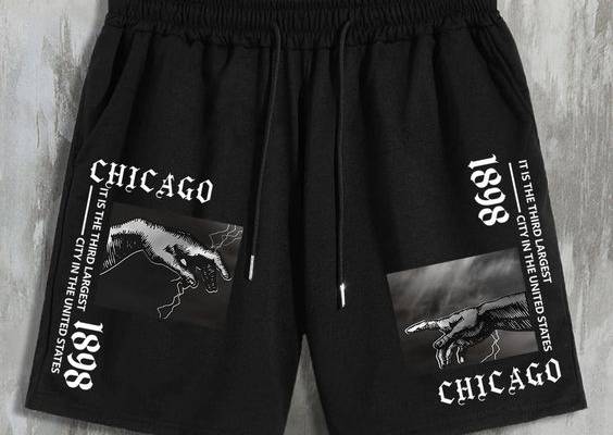 Black Street Collar  Fabric Figure Track Shorts Embellished Slight Stretch Summer Men Bottoms