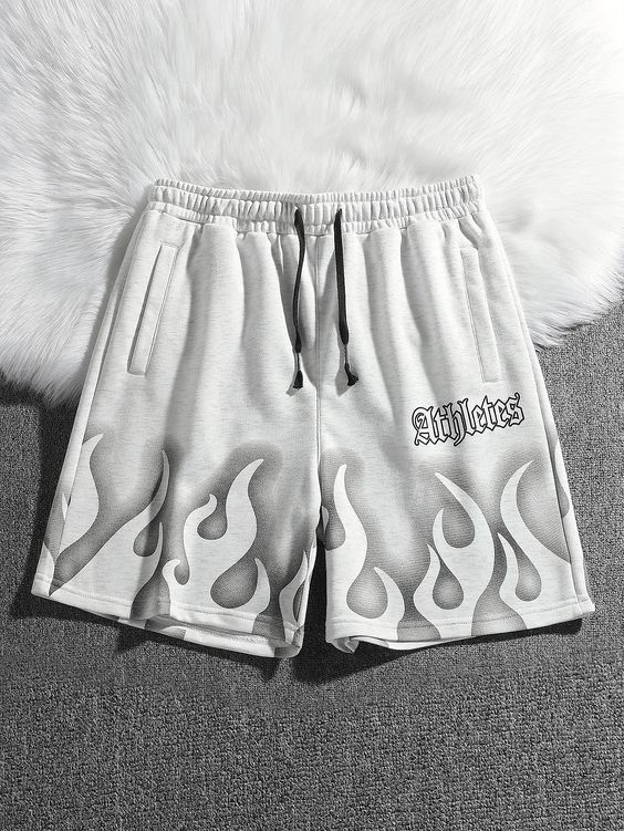 Grey Casual Collar  Fabric Letter,Fire Track Shorts Embellished Non-Stretch  Men Bottoms