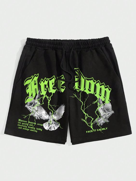 Black Street Collar  Fabric Animal,Letter Track Shorts Embellished Slight Stretch  Men Clothing