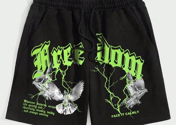 Black Street Collar  Fabric Animal,Letter Track Shorts Embellished Slight Stretch  Men Clothing