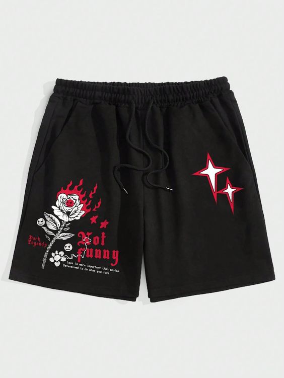 Black Casual Collar  Fabric Cartoon,Slogan Track Shorts Embellished Slight Stretch  Men Clothing