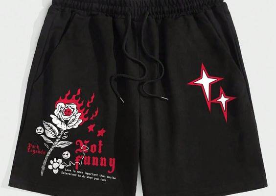 Black Casual Collar  Fabric Cartoon,Slogan Track Shorts Embellished Slight Stretch  Men Clothing