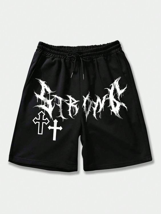 Black Street Collar  Fabric Geometric,Letter Track Shorts Embellished Slight Stretch  Men Clothing