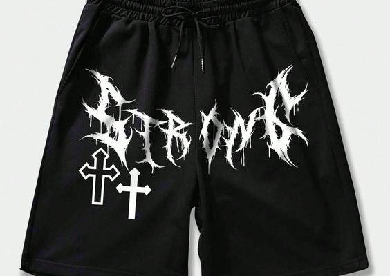 Black Street Collar  Fabric Geometric,Letter Track Shorts Embellished Slight Stretch  Men Clothing