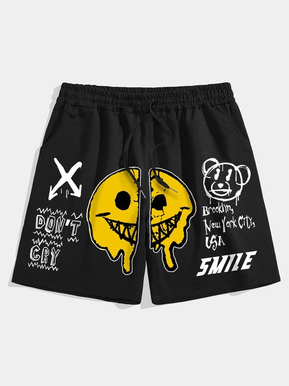 Black Casual Collar  Fabric Cartoon,Letter Track Shorts Embellished Slight Stretch  Men Clothing