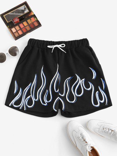 Flame Print Drawstring Pocket Sweat Shorts L Black