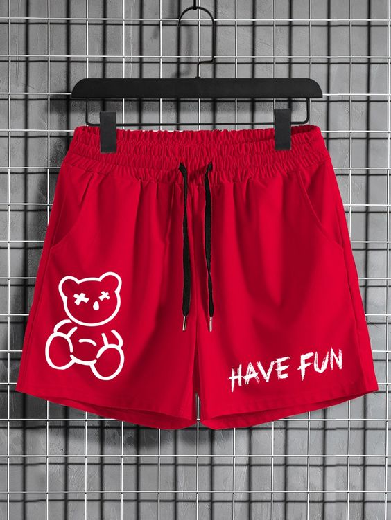 Red Casual Collar  Fabric Cartoon,Slogan Track Shorts Embellished Slight Stretch Summer Men Clothing