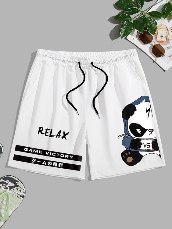 White Street Collar  Fabric Cartoon,Letter Track Shorts Embellished Slight Stretch  Men Bottoms