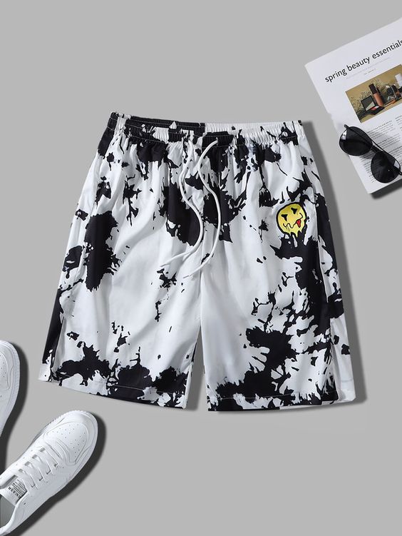 Black and White Casual Collar  Polyester Cartoon,Tie Dye Track Shorts Embellished Slight Stretch Summer Men Bottoms