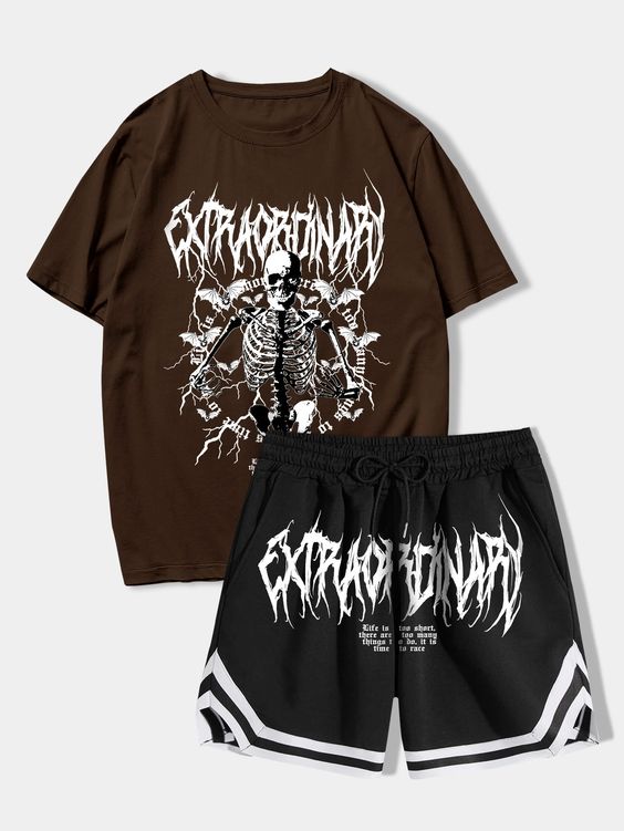 Multicolor Street Collar Short Sleeve  Halloween,Letter  Embellished Slight Stretch Summer Men Co-ords