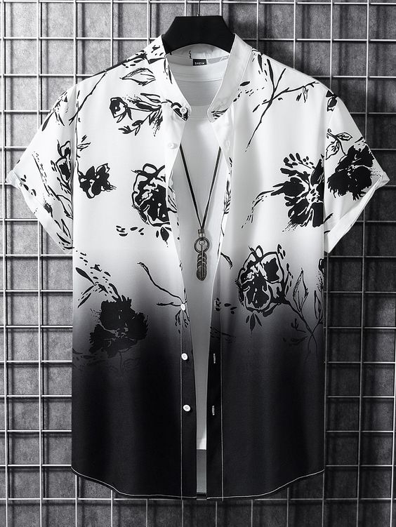 Black and White Boho Collar Short Sleeve Fabric Floral Shirt Embellished Slight Stretch  Men Clothing