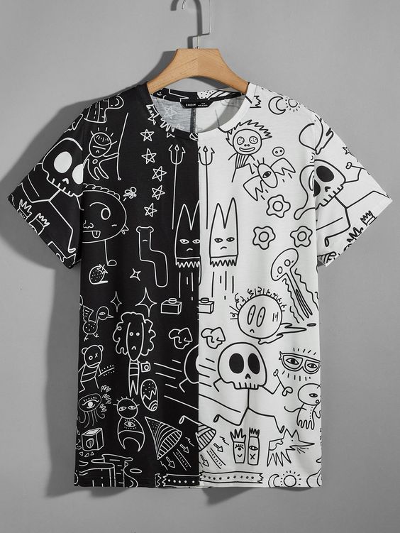 Black and White Street  Short Sleeve Polyester Colorblock,Graphic  Embellished Slight Stretch Summer Men Tops