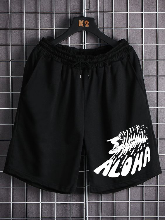 Black Casual   Polyester Graphic,Letter Track Shorts Embellished Slight Stretch  Men Bottoms