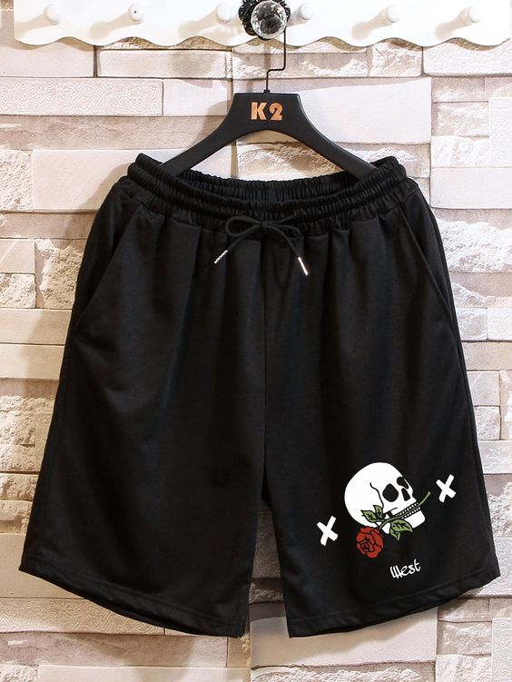 Black Casual   Polyester Halloween,Letter Track Shorts Embellished Non-Stretch Summer Men Bottoms