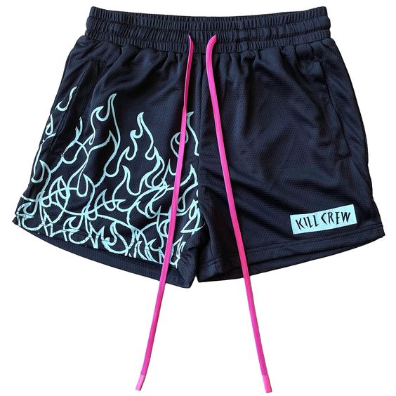 MUAY THAI FLAME SHORTS (MID THIGH CUT) – BLACK / TEAL – Kill Crew