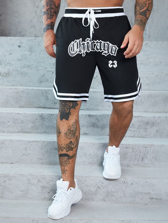 Black Casual Collar  Fabric Letter,Striped Straight Leg Embellished Slight Stretch  Men Plus Size Clothing