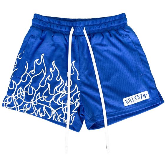 MUAY THAI FLAME SHORTS (MID THIGH CUT) – BLUE / WHITE – Kill Crew