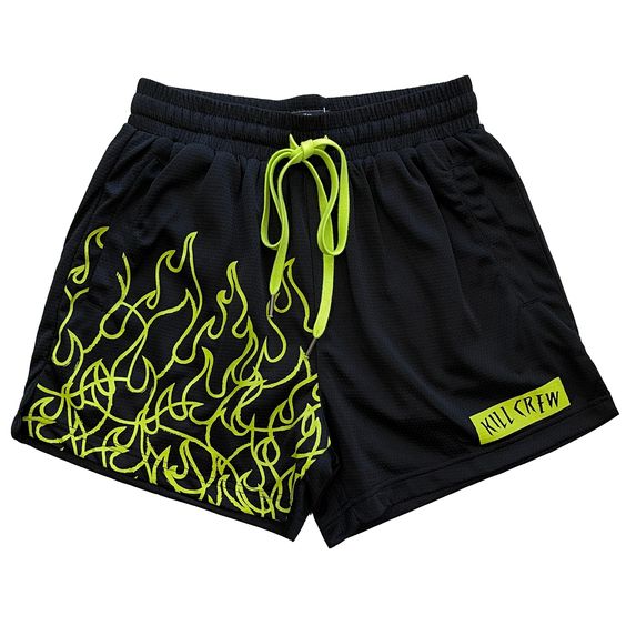 MUAY THAI FLAME SHORTS (MID THIGH CUT) – BLACK / NEON GREEN – Kill Crew
