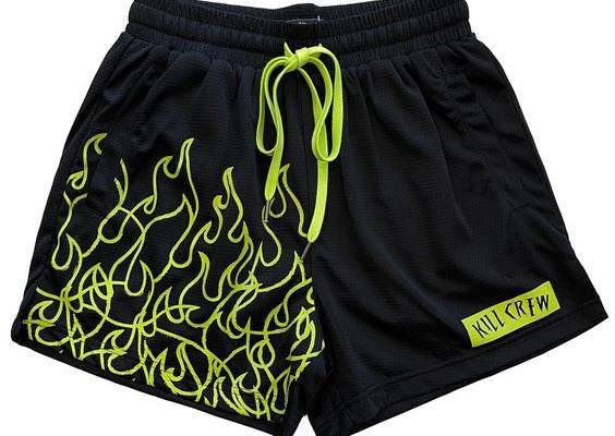 MUAY THAI FLAME SHORTS (MID THIGH CUT) - BLACK / NEON GREEN - Kill Crew