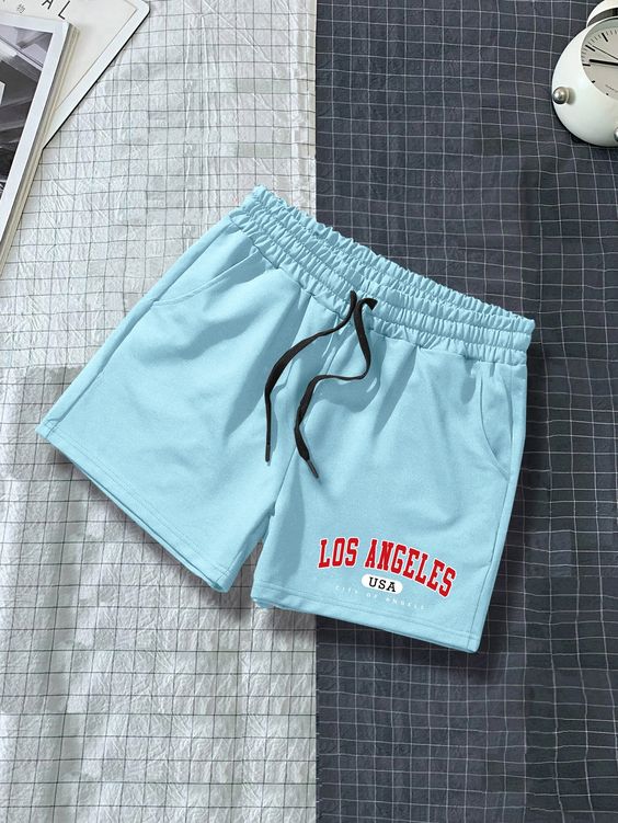 Baby Blue Casual Collar  Fabric Letter Track Shorts Embellished Slight Stretch Summer Men Bottoms