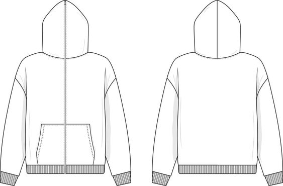 Full zip hoodie sweatshirt flat technical drawing illustration mock-up template for design and tech packs men or unisex fashion CAD streetwear