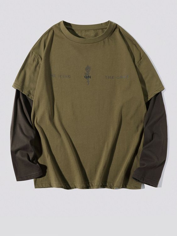 Army Green Casual Collar Long Sleeve Fabric Floral,Letter  Embellished Slight Stretch Spring/Fall Men Tops