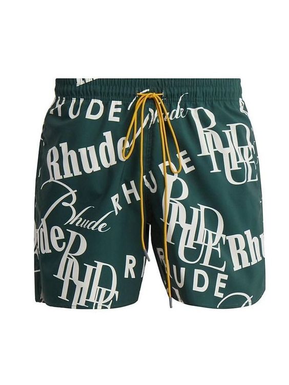 Men’s R H U D E © Logomania Swim Shorts – Green – Boardshorts Printed with distorted logo graphics, Rhude’s Logomania swim shorts feature a contrast drawstring waistband. Elasticized drawstring waistband Pull-on style On-seam pockets Back patch pocket Lined Polyester Machine wash Made in USA Rise, about 10″ Inseam, about 5″ Model measurements: 6’2″ tall Model measurements: Waist 31″ Model is wearing US size Medium ABOUT THE BRAND Rhuigi Villaseñor merges luxury techniques with streetwear silhoue