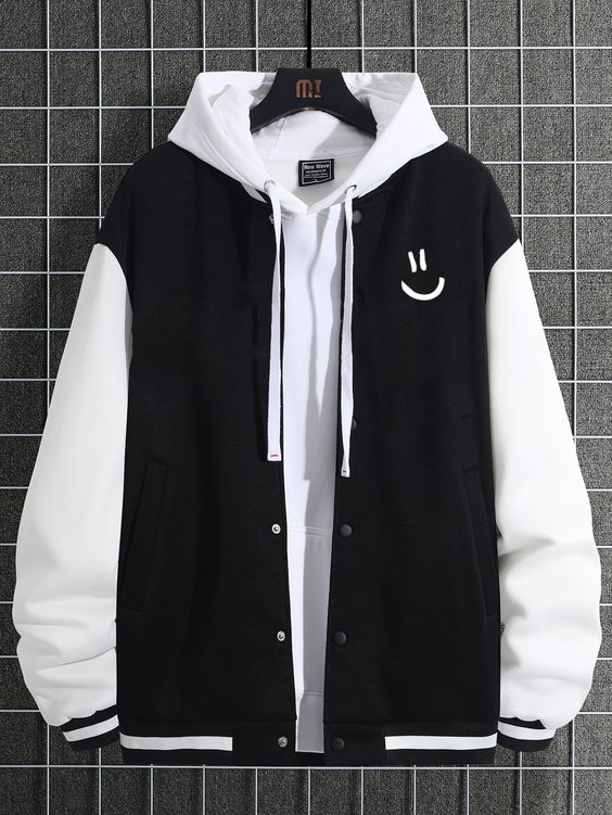 Black Casual Collar Long Sleeve Fabric Colorblock Varsity Embellished Medium Stretch  Men Outerwear