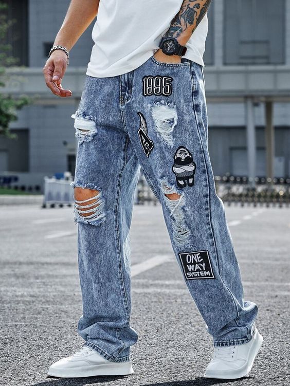 Lavagem Média Collar Jeans Desenho Animado,Letra Perna reta Embellished Não elástico Denim Masculino