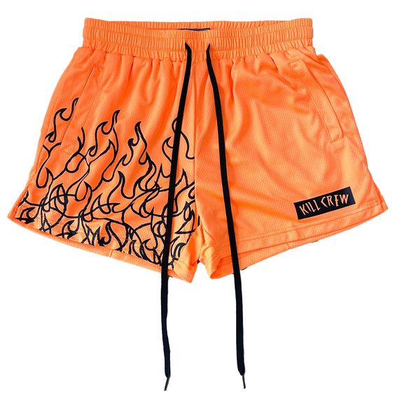 MUAY THAI FLAME SHORTS (MID THIGH CUT) – NEON ORANGE / BLACK – Kill Crew