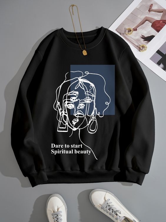 Black Casual Collar Long Sleeve Polyester Figure,Slogan Pullovers Embellished Non-Stretch  Women Sweatshirts