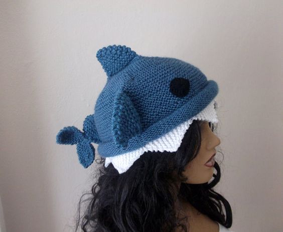 Indigo color Knit Shark hat-for  adult size
