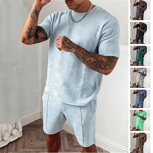 Season:Summer; Fabric:Polyester; Sleeve Length:Short Sleeves; Look After Me:Washable,Machine wash; Gender:Men’s; Style:Casual,Gymnatics; Elasticity:Micro-elastic; Tops Type:Shorts and T Shirt Set,Tennis Shirt,Tracksuit,T-shirt Suits; Occasion:Activewear,Vacation,Daily Wear; Pattern:Plaid; Design:2 Piece; Neckline:Crew Neck; Listing Date:07/11/2023; Bust:; Length [Bottom]:; Length [Top]:; Shoulder Width:; Sleeve:; Waist:
