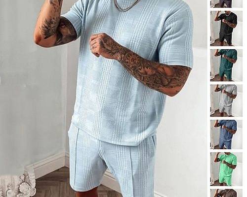 Season:Summer; Fabric:Polyester; Sleeve Length:Short Sleeves; Look After Me:Washable,Machine wash; Gender:Men's; Style:Casual,Gymnatics; Elasticity:Micro-elastic; Tops Type:Shorts and T Shirt Set,Tennis Shirt,Tracksuit,T-shirt Suits; Occasion:Activewear,Vacation,Daily Wear; Pattern:Plaid; Design:2 Piece; Neckline:Crew Neck; Listing Date:07/11/2023; Bust:; Length [Bottom]:; Length [Top]:; Shoulder Width:; Sleeve:; Waist: