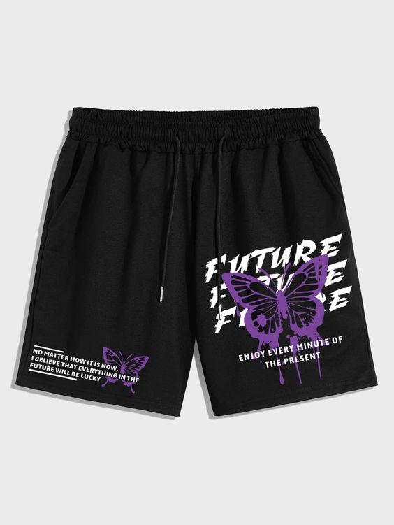 Black Casual Collar  Fabric Slogan,Butterfly Track Shorts Embellished Slight Stretch Summer Men Clothing
