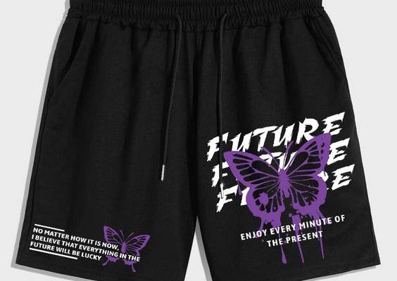 Black Casual Collar  Fabric Slogan,Butterfly Track Shorts Embellished Slight Stretch Summer Men Clothing