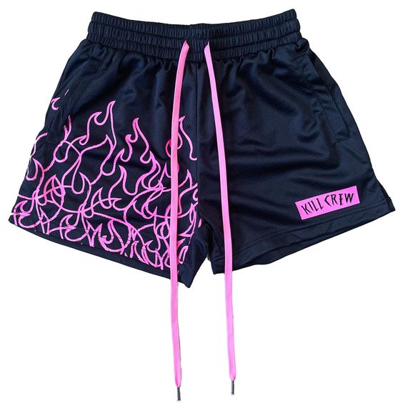 MUAY THAI FLAME SHORTS (MID THIGH CUT) – BLACK / PINK – Kill Crew