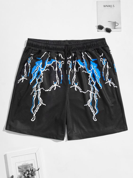 Black Casual Collar  Fabric Graphic Track Shorts Embellished Slight Stretch Summer Men Clothing