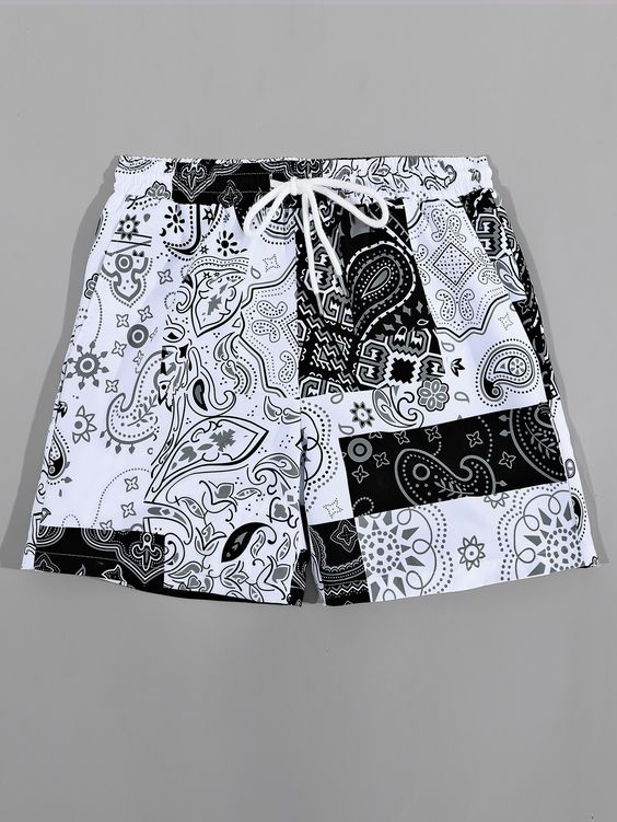 Black and White Boho Collar  Fabric Paisley Bottoms Embellished Non-Stretch  Men Clothing