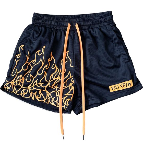 MUAY THAI FLAME SHORTS (MID THIGH CUT) – BLACK / NEON ORANGE – Kill Crew