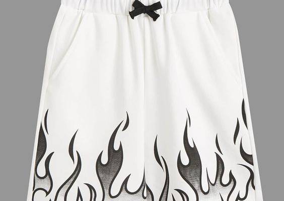 White Casual Collar  Knitted Fabric Fire Track Shorts Embellished Slight Stretch  Tween Boys Clothing