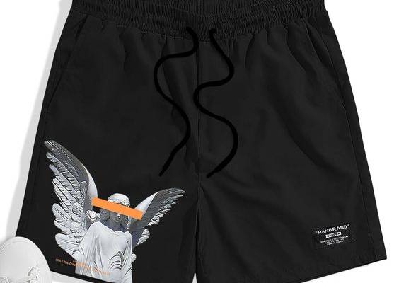 Black Casual Collar  Fabric Slogan Track Shorts Embellished Slight Stretch  Men Clothing