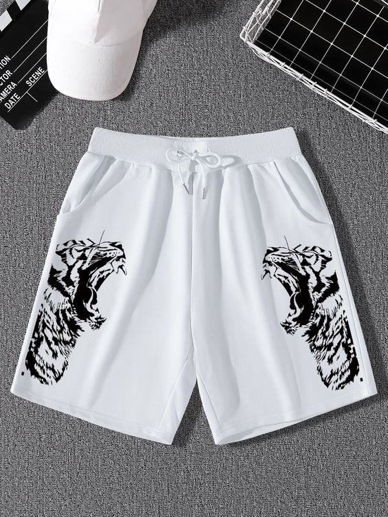 White Casual   Polyester Animal Track Shorts Embellished Slight Stretch  Men Bottoms