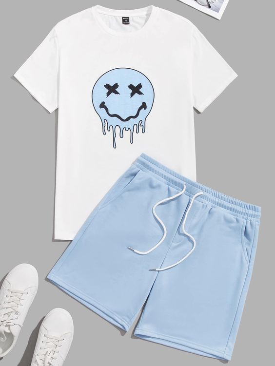 Blue and White Casual Collar Short Sleeve  Cartoon  Embellished Slight Stretch Summer Men Co-ords