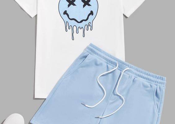 Blue and White Casual Collar Short Sleeve  Cartoon  Embellished Slight Stretch Summer Men Co-ords